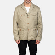 Close-Up Detail of Notch &amp; Button Hardware on Kajetan Beige Safari Jacket