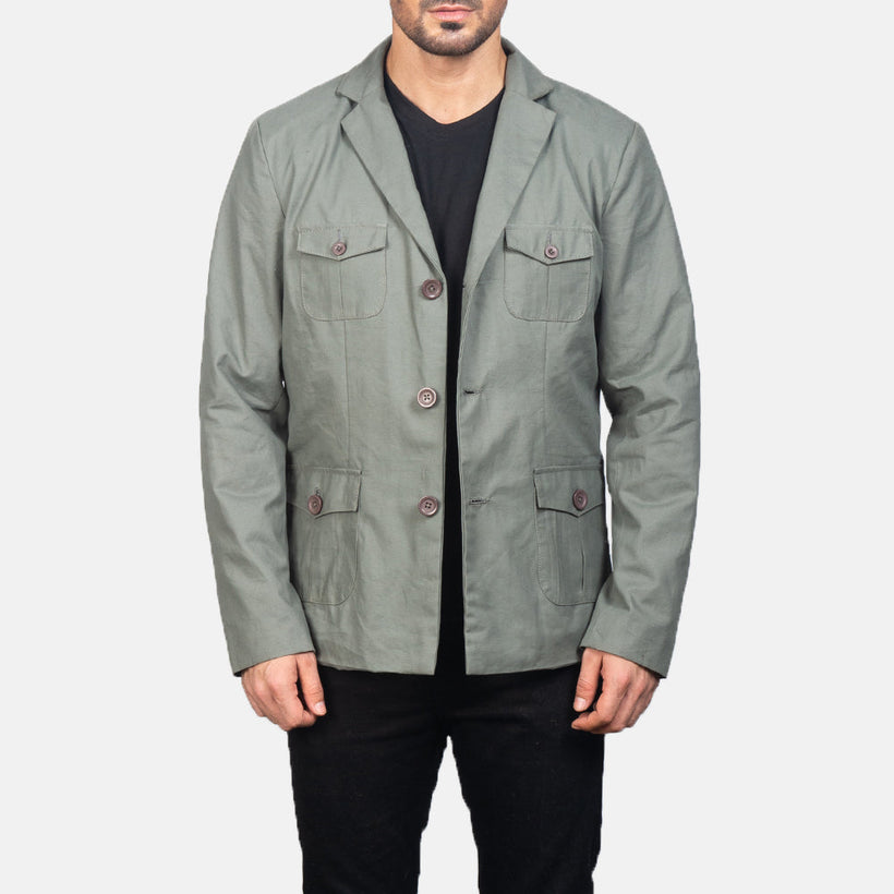 Kajetan Grey Safari Jacket in Grey Poly-Cotton - Front Profile View & Tailored Silhouette | Buy Online