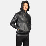 
Close-Up Detail of Classic Collar & Heavy-Duty Zipper Hardware on Men's Kenton Hooded Blue Suede Pullover Jacket