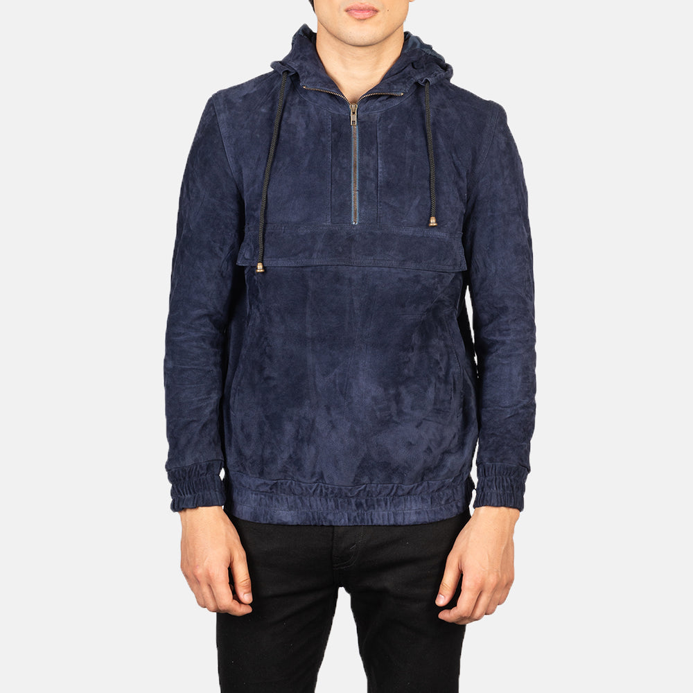 
Tailored Rib Cuffs & Hem Craftsmanship Construction Detail on Men's Kenton Hooded Blue Suede Pullover Jacket