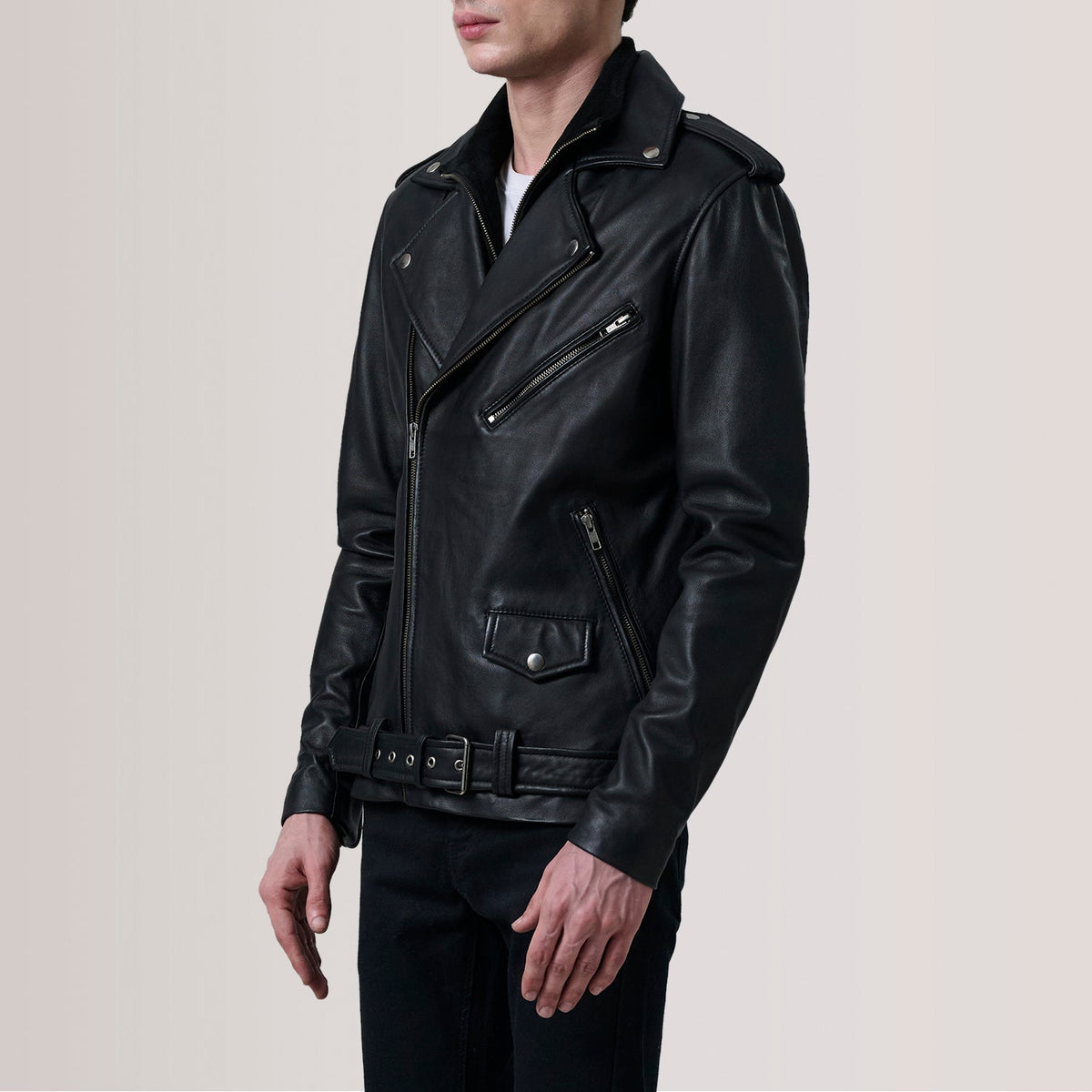 
Kole Black Leather Double Rider Jacket For Men - Lateral Side Profile View Showing Sleeve Cut & Athletic Taper Fit