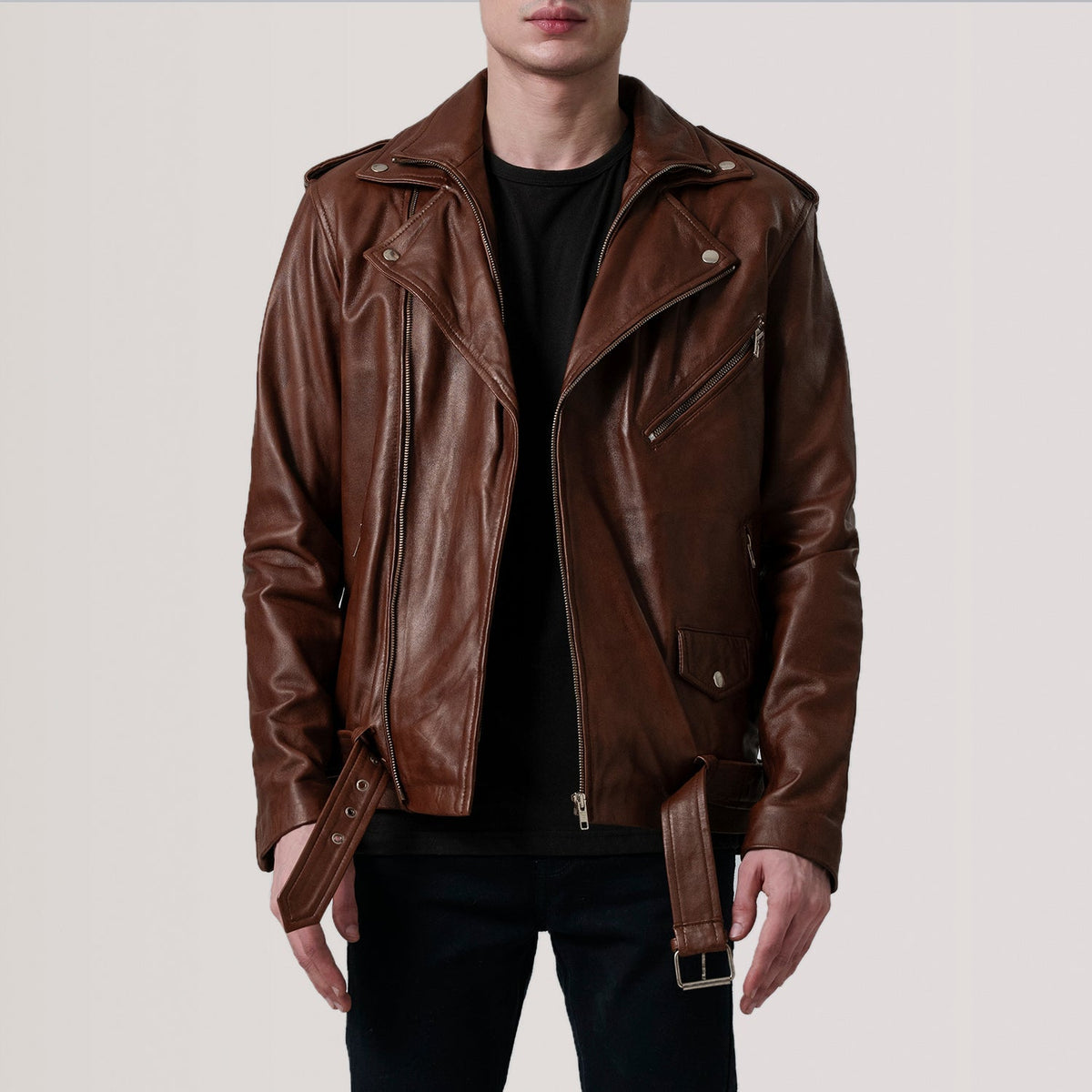 
Kole Waxed Brown Leather Double Rider Jacket in Distressed Brown Sheepskin Burnished - Front Profile View & Tailored Silhouette | Buy Online