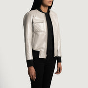 
Women's Lana Silver Leather Bomber Jacket - Lateral Side Profile View Showing Sleeve Cut & Athletic Taper Fit