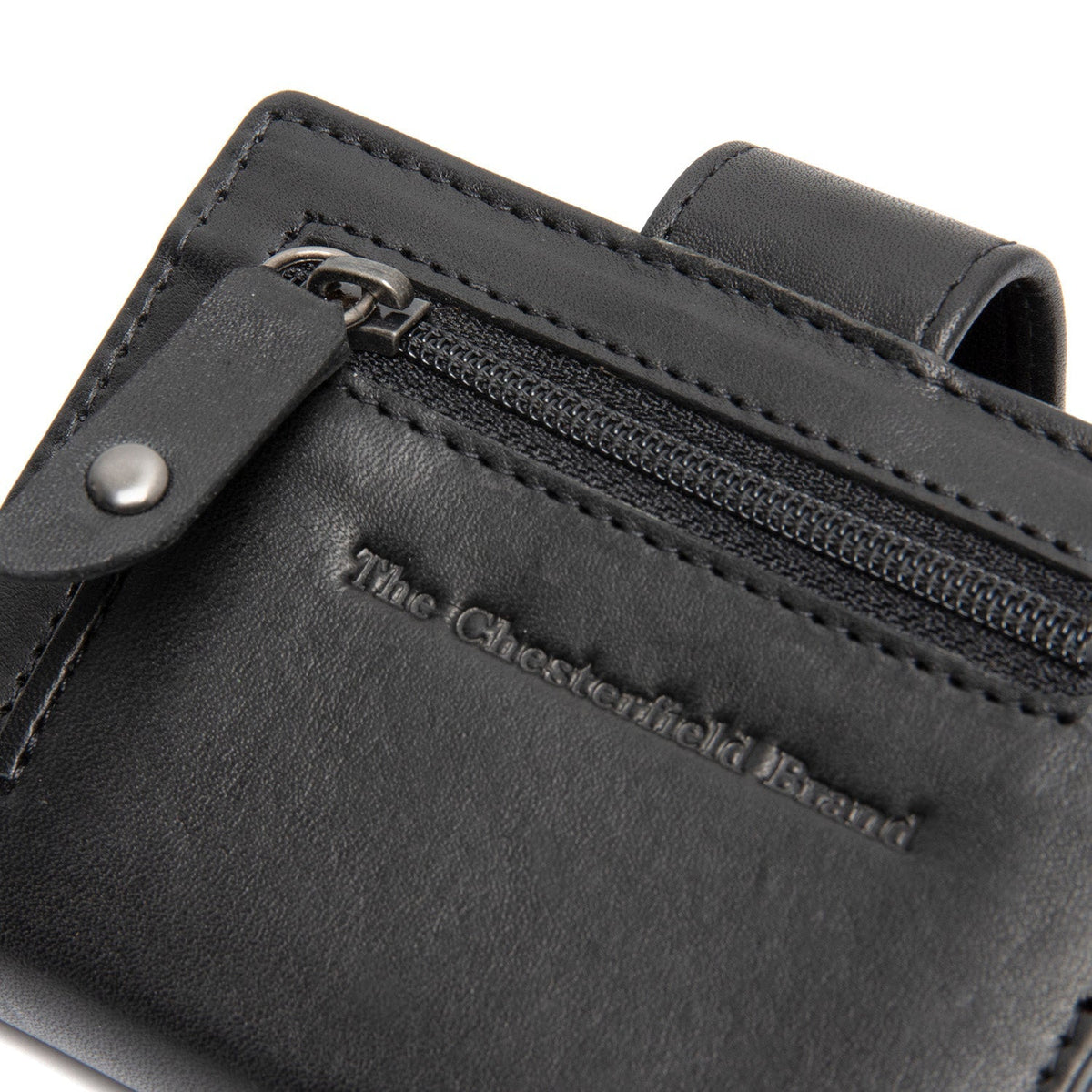 Solid Antique Brass Hardware &amp; Heavy-Duty Dual Zipper Detail on Barrea Full-Grain Leather Card Holder