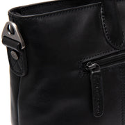 Close-Up Detail of Classic Collar & Heavy-Duty Zipper Hardware on Pergamino Full-Grain Leather Handbag