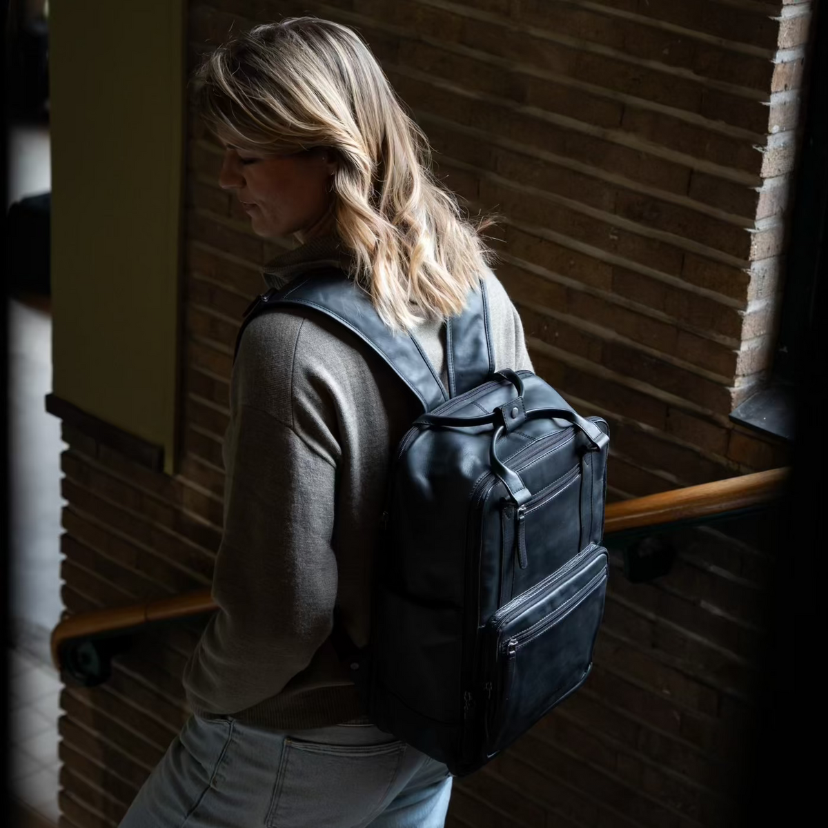 
Calden Full-Grain Leather Laptop Backpack - Structured Side Profile Showing Gusset Depth & Expansion Capacity