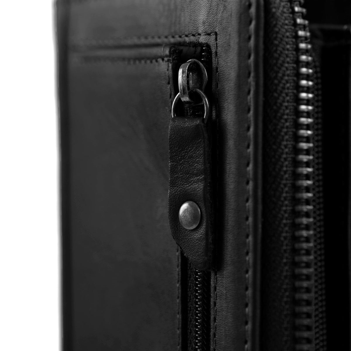 Solid Antique Brass Hardware &amp; Heavy-Duty Dual Zipper Detail on Nova Full-Grain Leather Wallet