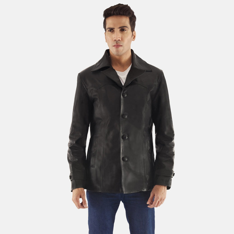Leo Black Leather Coat in Black Cowhide Leather - Front Profile View & Tailored Silhouette | Buy Online