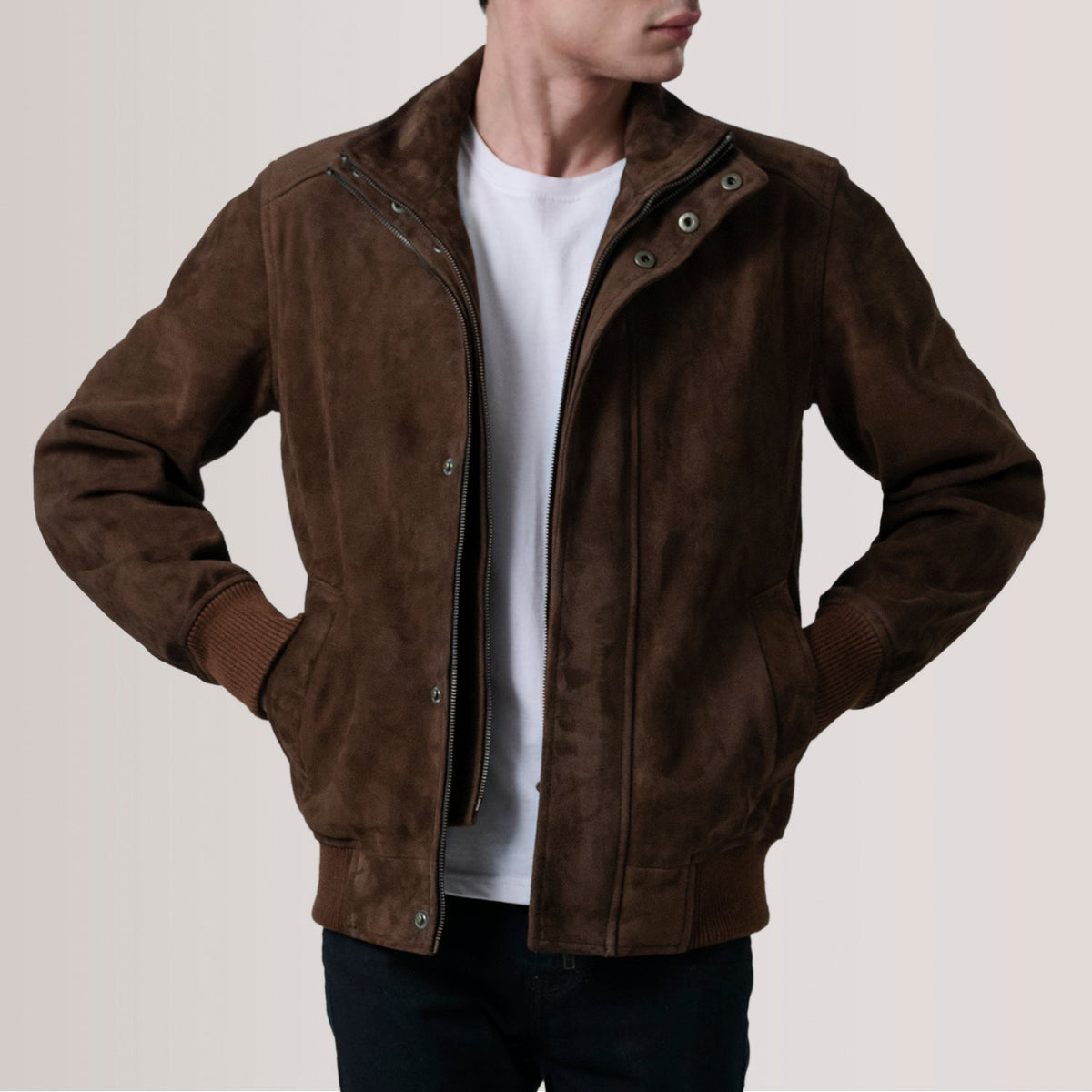 Tailored Rib Cuffs &amp; Hem Craftsmanship Construction Detail on Lester Brown Suede Bomber Jacket For Men