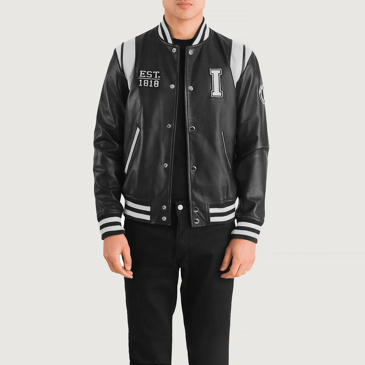 
Liberte Illinois Black Leather Varsity Jacket in Black & White Sheepskin Leather - Front Profile View & Tailored Silhouette | Buy Online