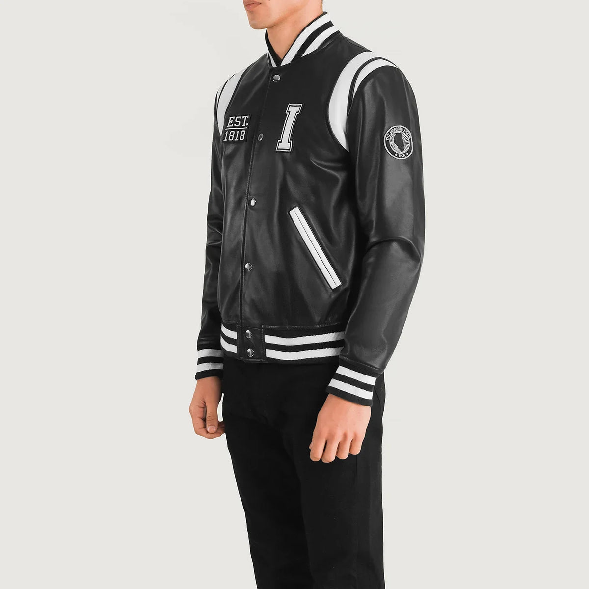
Black & White Sheepskin Leather Varsity Jacket - Back View Showing Tailored Shoulder Fit & Clean Hemline