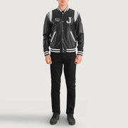 
Liberte New Jersey Black Leather Varsity Jacket - Lateral Side Profile View Showing Sleeve Cut & Athletic Taper Fit