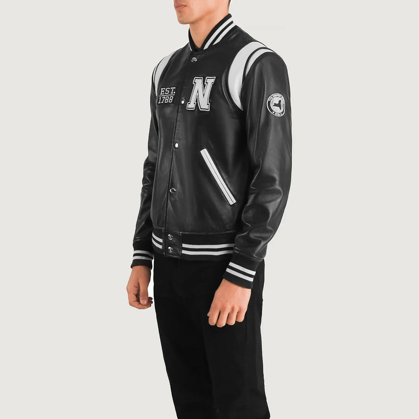 Black & White Sheepskin Leather Varsity Jacket - Back View Showing Tailored Shoulder Fit & Clean Hemline