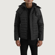 
Malcolm Black Hooded Puffer Jacket in Black Full-Grain Leather - Front Profile View & Tailored Silhouette | Buy Online