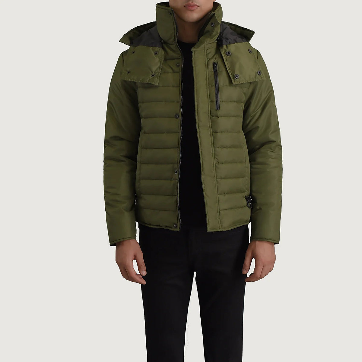 
Malcolm Green Hooded Puffer Jacket in Green Full-Grain Leather - Front Profile View & Tailored Silhouette | Buy Online