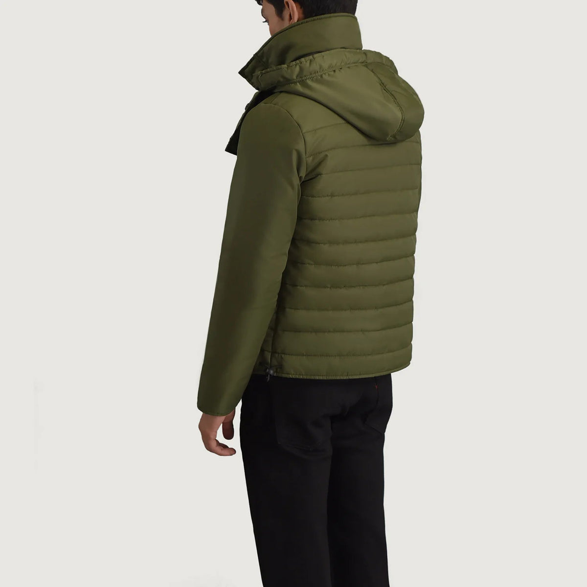 
Green Full-Grain Leather Hooded Jacket - Back View Showing Tailored Shoulder Fit & Clean Hemline