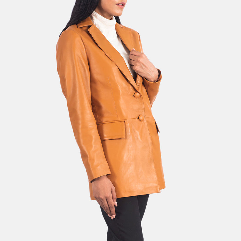 Tan Brown Sheepskin leather Blazer - Back View Showing Tailored Shoulder Fit & Clean Hemline