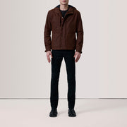 
Brown Waxed Cotton Canvas Hooded Jacket - Back View Showing Tailored Shoulder Fit & Clean Hemline