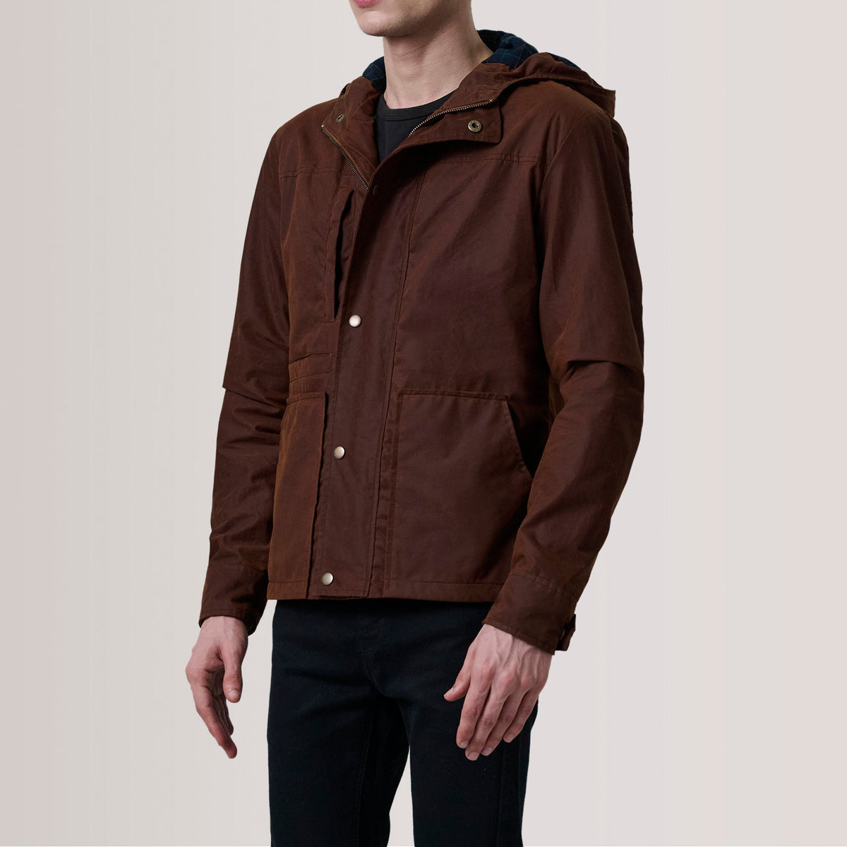 
Marlo Brown Canvas Hooded Work Jacket For Men - Lateral Side Profile View Showing Sleeve Cut & Athletic Taper Fit