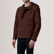 
Marlo Brown Canvas Hooded Work Jacket For Men - Lateral Side Profile View Showing Sleeve Cut & Athletic Taper Fit