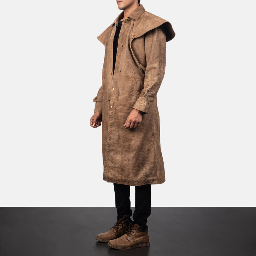 Distressed Brown Sheepskin Snuffed Suede Jacket - Back View Showing Tailored Shoulder Fit & Clean Hemline