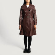 Maroon Sheepskin Leather Trench Coat - Back View Showing Tailored Shoulder Fit &amp; Clean Hemline