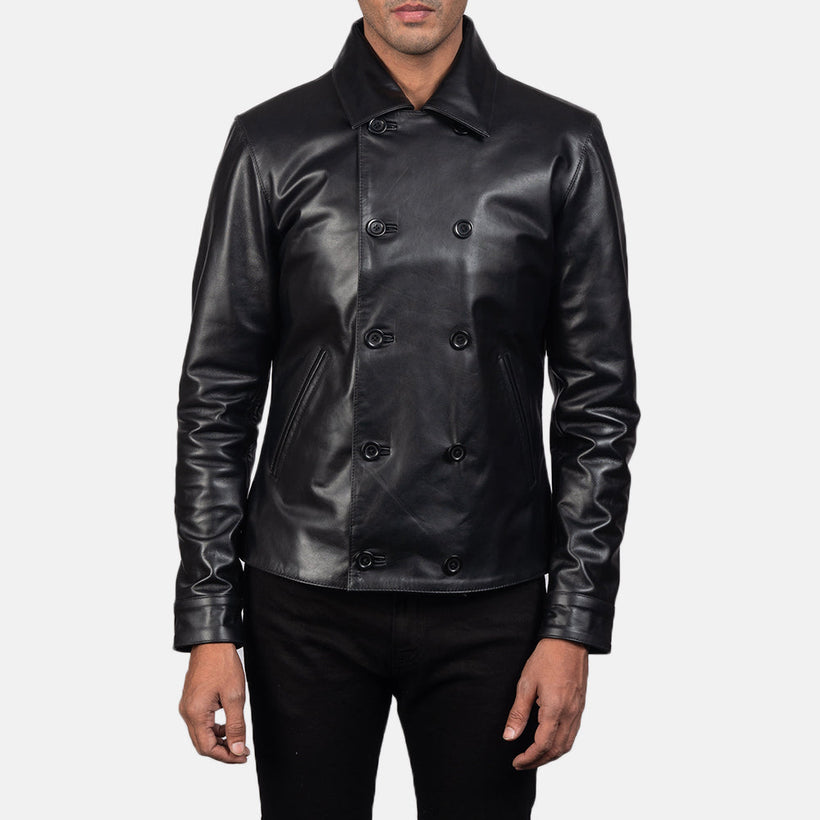 Mod Black Leather Peacoat in Black Cowhide Leather - Front Profile View & Tailored Silhouette | Buy Online