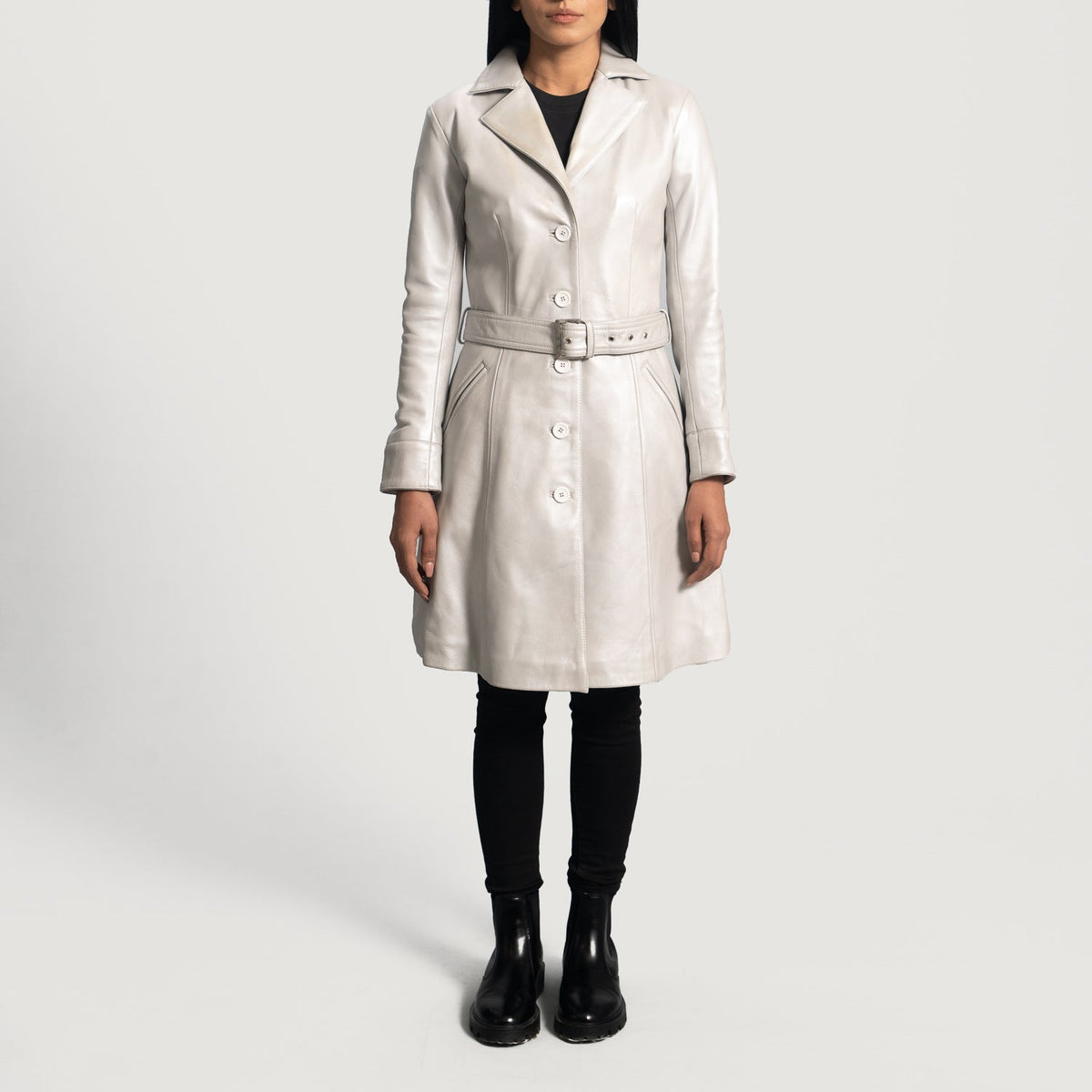 
Close-Up Detail of Notch & Button Hardware on Women's Moonlight Silver Leather Trench Coat