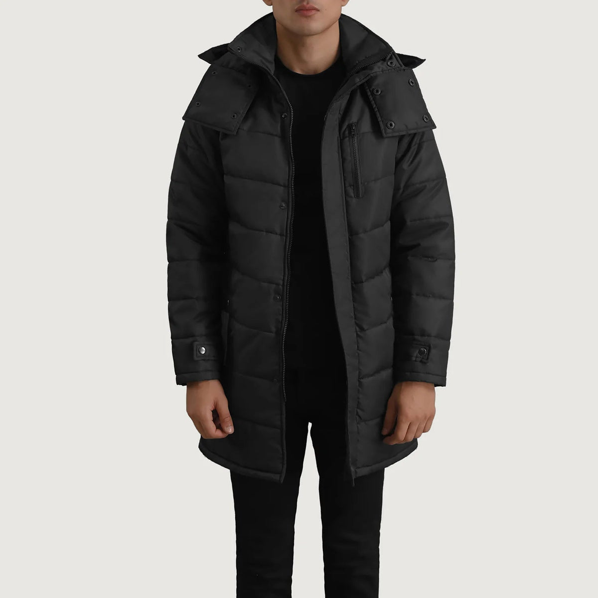 
Moore Black Hooded Parka in Black Full-Grain Leather - Front Profile View & Tailored Silhouette | Buy Online