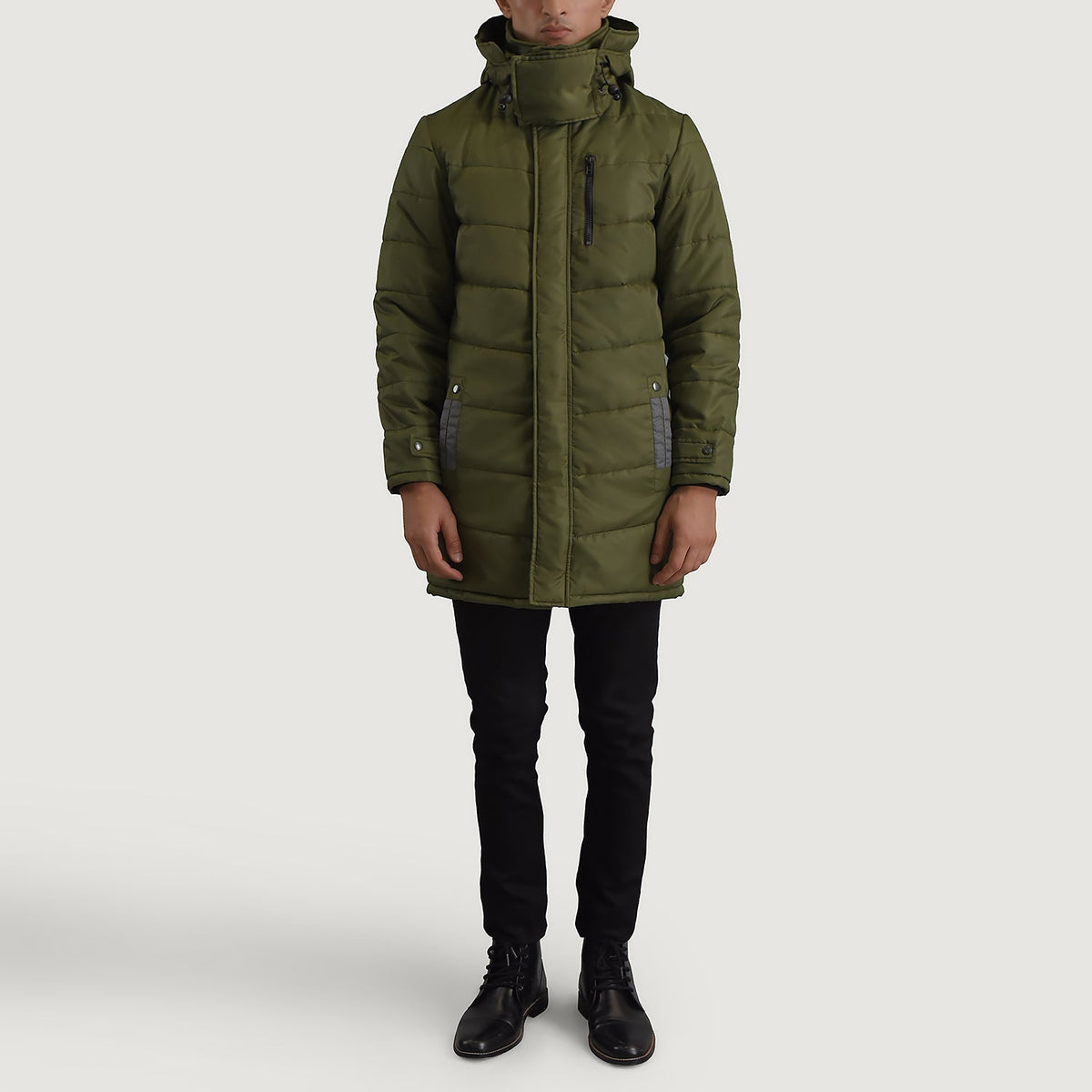 
Moore Green Hooded Parka - Lateral Side Profile View Showing Sleeve Cut & Athletic Taper Fit
