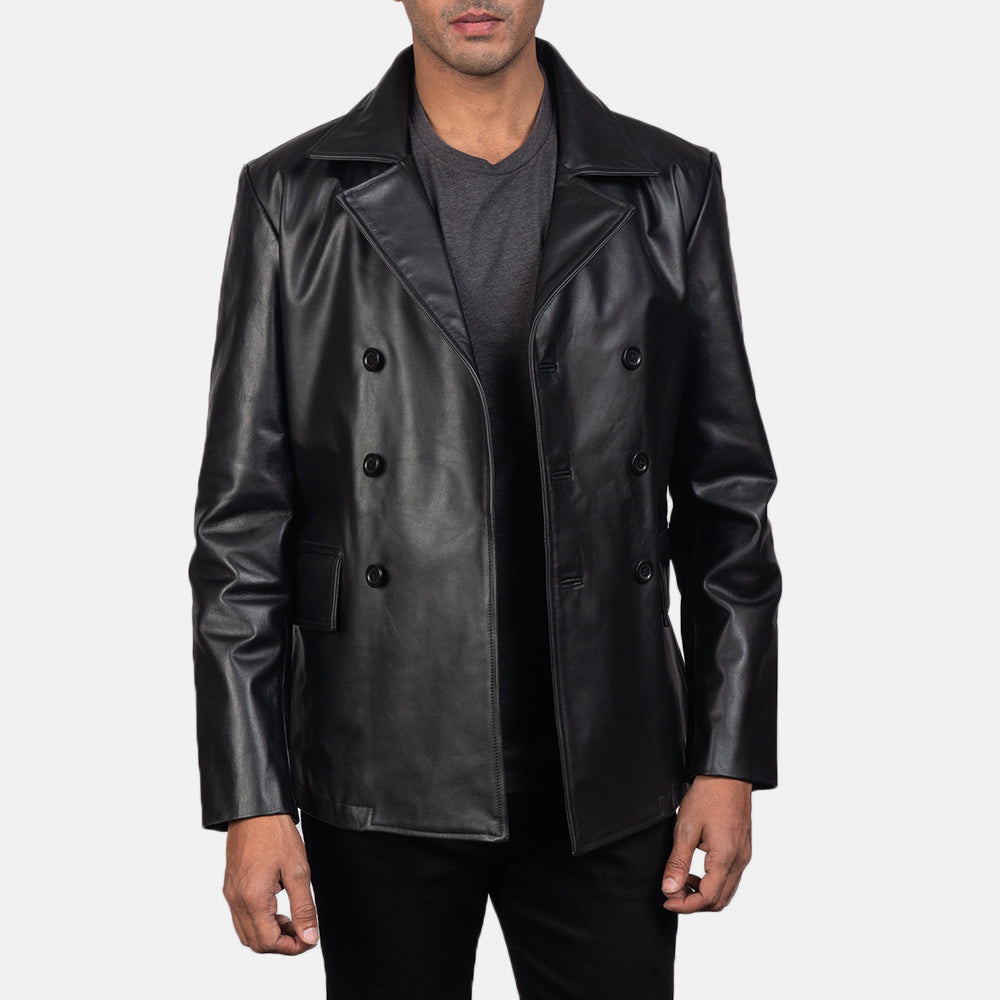 
Close-Up Detail of Notch & Buttons Hardware on Men's Mr. Bailey Black Leather Naval Peacoat