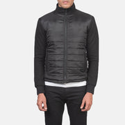 
Close-Up Detail of High Neck & Zipper with wind flap Hardware on Men's Nashville Quilted Black Windbreaker Jacket