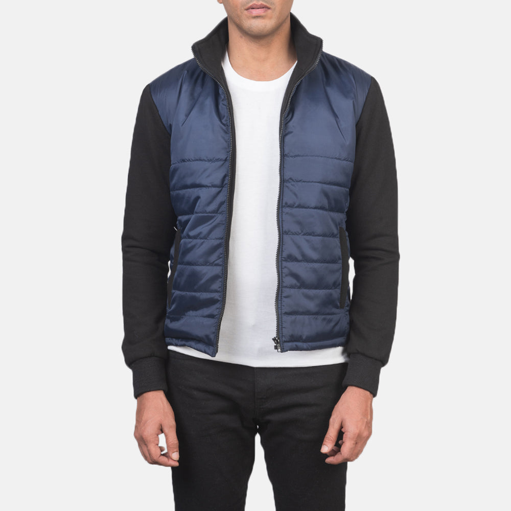 Men's Nashville Quilted Blue Windbreaker Jacket in Blue &amp; Black Nylon (Torso) &amp;Amp; Knitted Fabric (Sleeves) - Front Profile View &amp; Tailored Silhouette | Buy Online