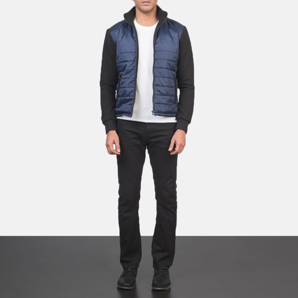 Men's Nashville Quilted Blue Windbreaker Jacket - Lateral Side Profile View Showing Sleeve Cut &amp; Athletic Taper Fit