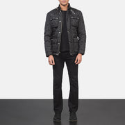 Men's Nelson Quilted Black Windbreaker Jacket - Lateral Side Profile View Showing Sleeve Cut &amp; Athletic Taper Fit