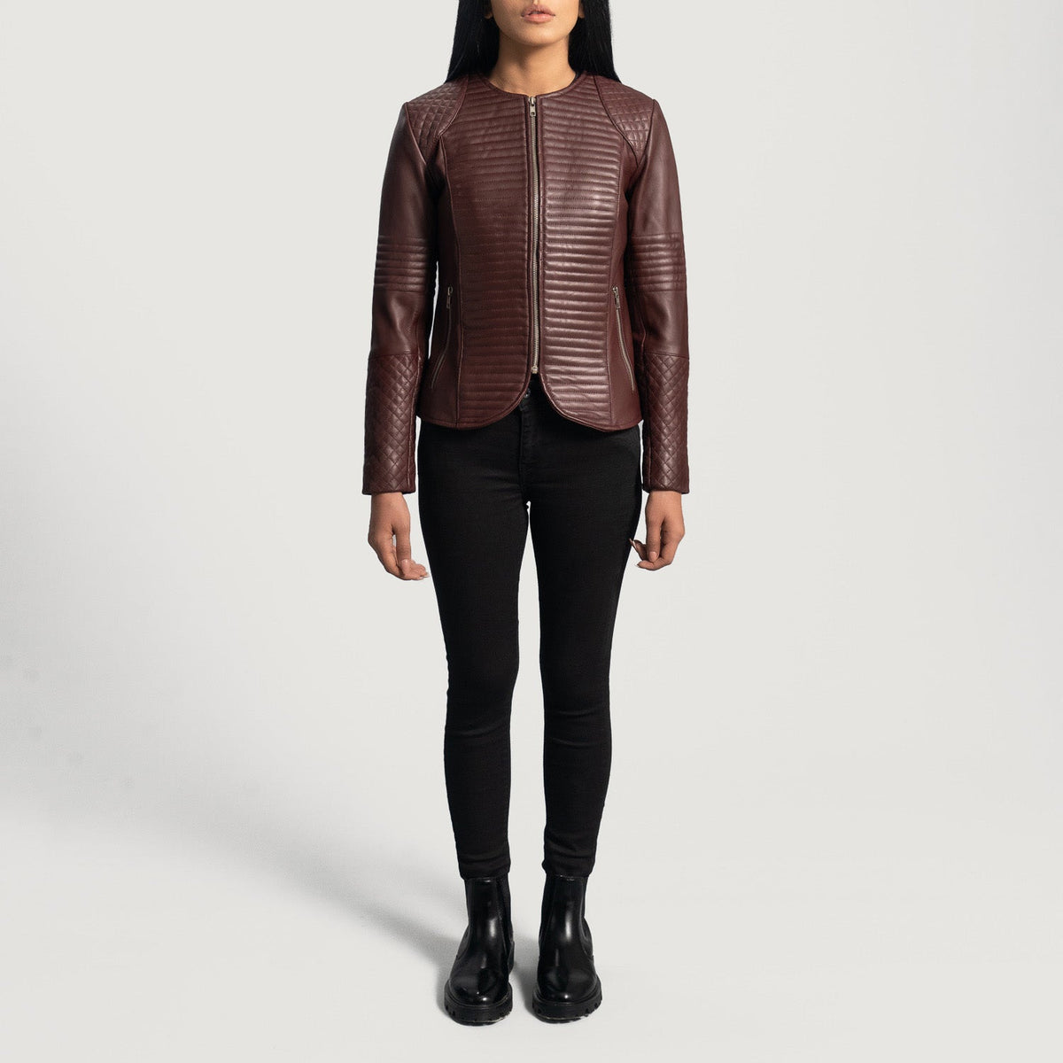 Close-Up Detail of Classic Collar &amp; Zipper Hardware on Women's Nexi Quilted Maroon Leather Jacket