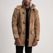
Tailored Rib Cuffs & Hem Craftsmanship Construction Detail on Nolan Black Snuffed Leather Duffle Coat