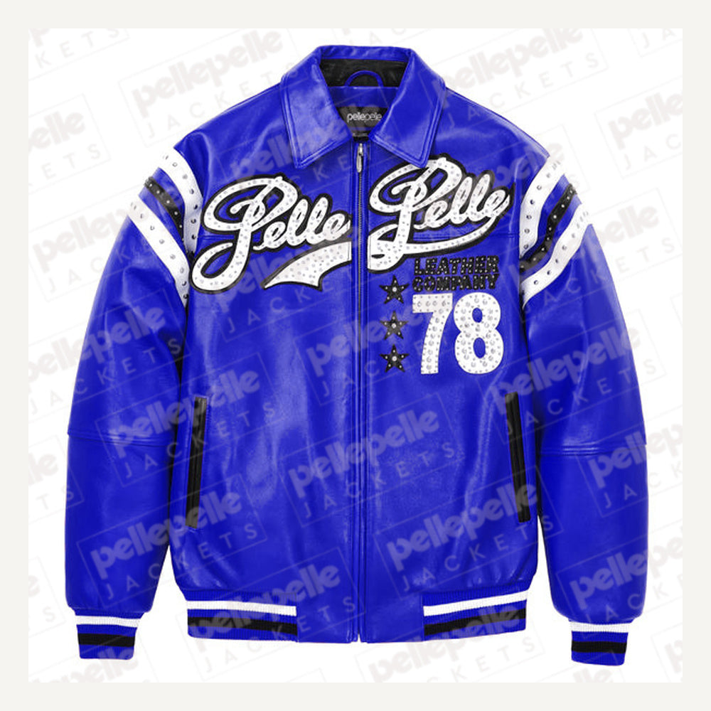 
Encrusted Varsity Leather Jacket (Navy)