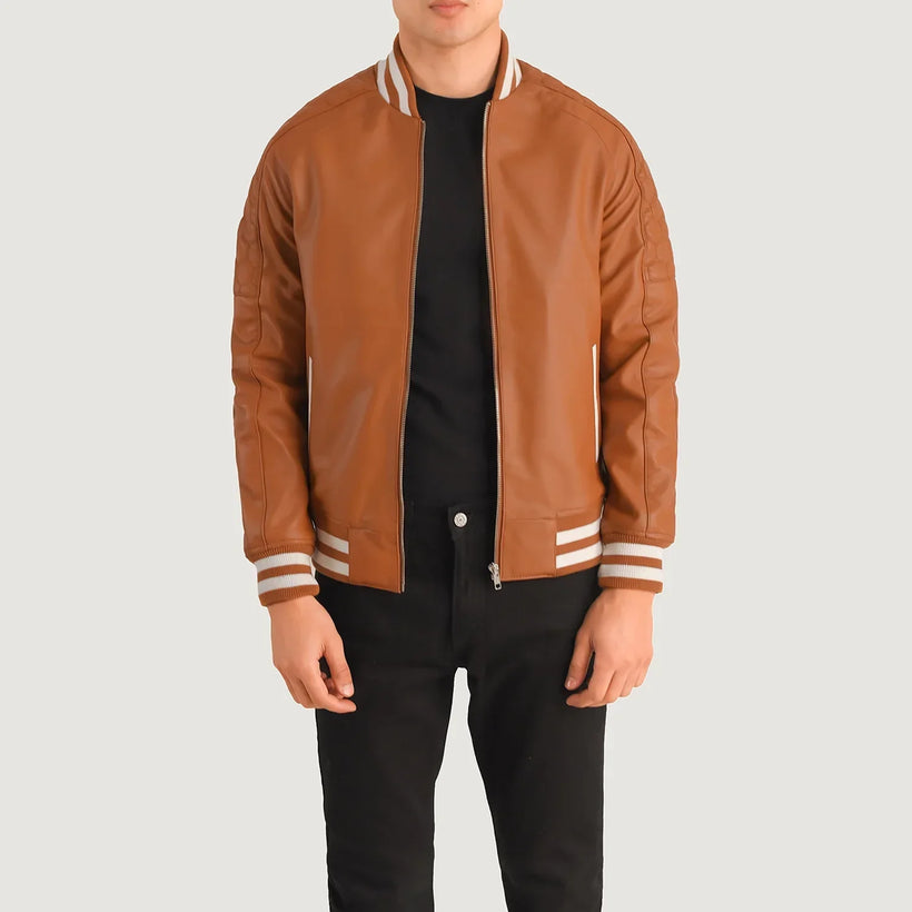Pascal Tan Brown Leather Varsity Jacket in Tan Brown Sheepskin Leather - Front Profile View & Tailored Silhouette | Buy Online