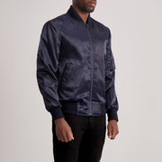 Blue Satin Bomber Jacket - Back View Showing Tailored Shoulder Fit &amp; Clean Hemline