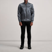 
Close-Up Detail of Varsity & Zipper Hardware on Quinton MA-1 Grey Bomber Jacket