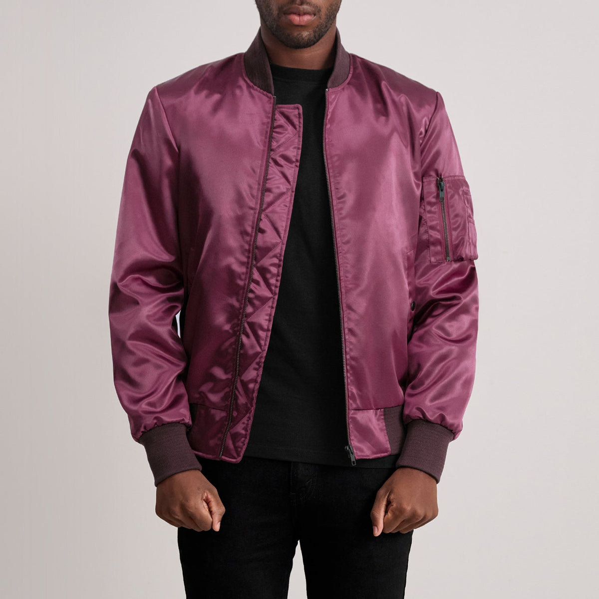 
Quinton MA-1 Maroon Bomber Jacket - Lateral Side Profile View Showing Sleeve Cut & Athletic Taper Fit