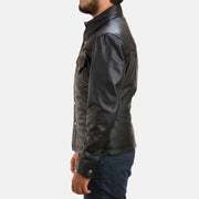 Close-Up Detail of Shirt &amp; Button Hardware on Men's Ranchson Black Leather Shirt