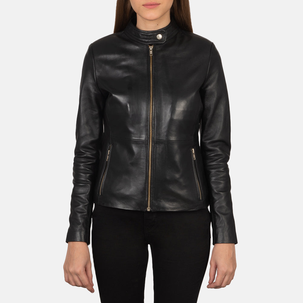 
Zipper & Hem Craftsmanship Construction Detail on Women's Rave Brown Leather Biker Jacket