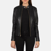 
Styled Fit Perspective of Women's Rave Brown Leather Biker Jacket on Model - Natural Daylight Drape