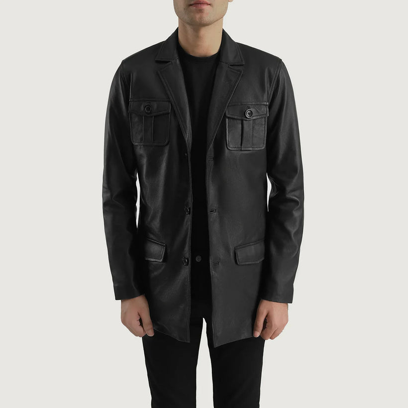Ray Cutler Black Leather Blazer in Black Sheepskin Leather - Front Profile View & Tailored Silhouette | Buy Online