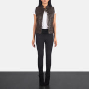 
Women's Rayne Moto Brown Leather Vest - Lateral Side Profile View Showing Sleeve Cut & Athletic Taper Fit
