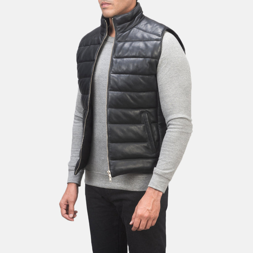 Black Sheepskin leather Vest - Back View Showing Tailored Shoulder Fit & Clean Hemline