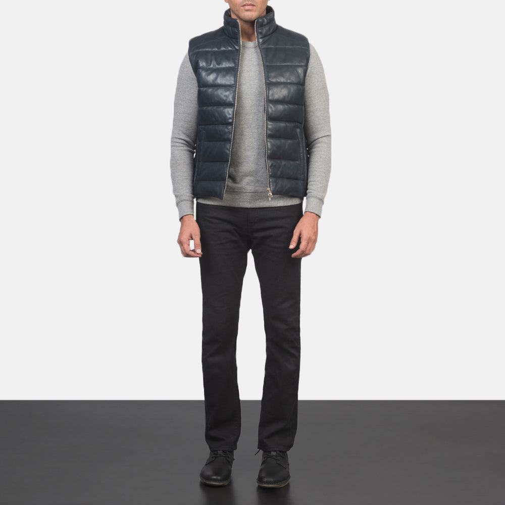 Men's Reeves Blue Leather Puffer Vest - Lateral Side Profile View Showing Sleeve Cut &amp; Athletic Taper Fit