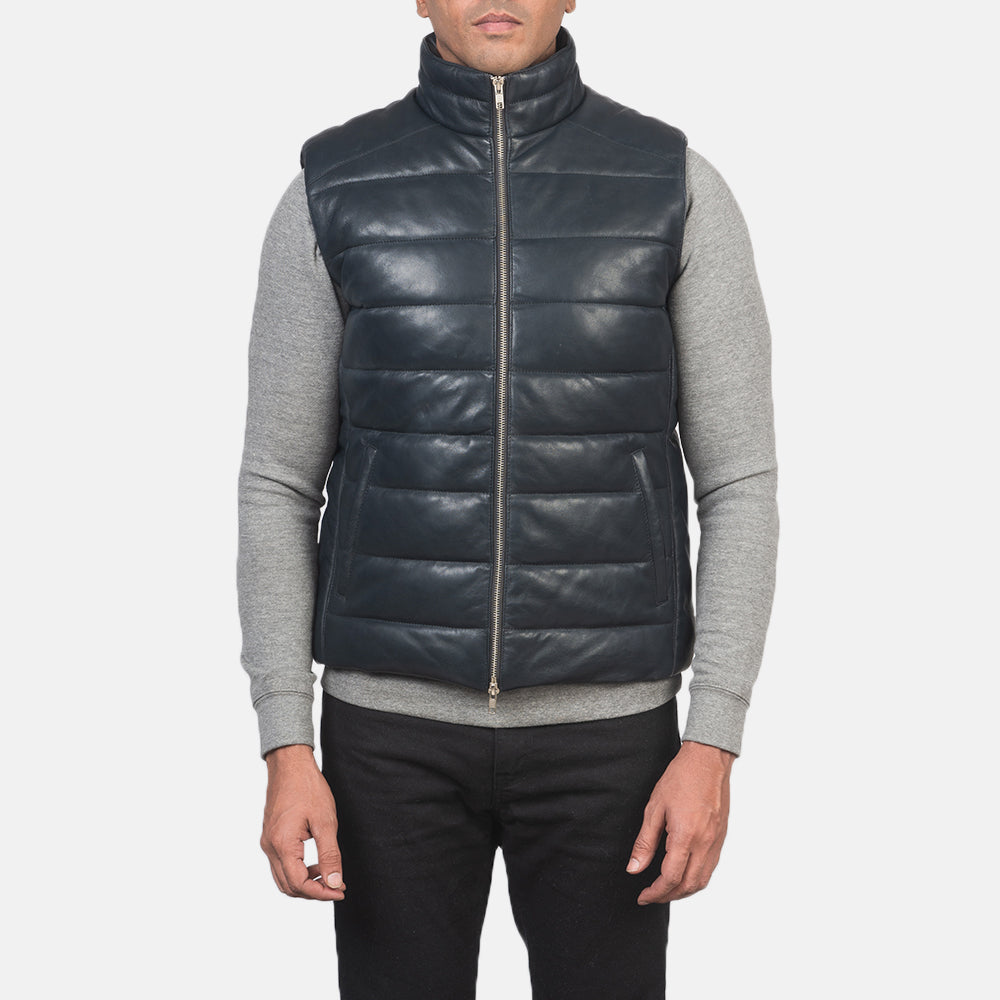 Close-Up Detail of Classic Collar &amp; Zipper with Dual Puller Hardware on Men's Reeves Blue Leather Puffer Vest